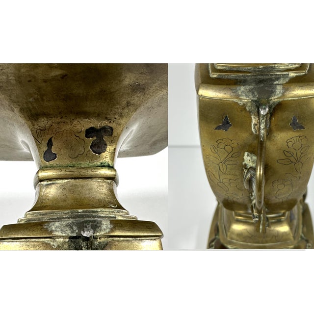 Metal 19th Century Meiji Japanese Bronze Ikebana Vase: Mixed Metals Usubata For Sale - Image 7 of 10