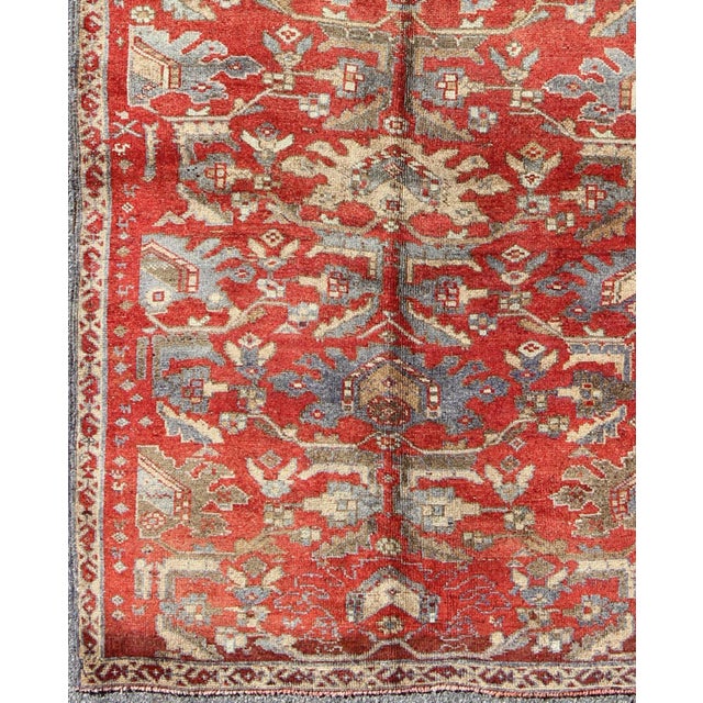 Vintage Turkish Oushak Gallery Runner With Red Field and Blue Accents 4'6 X 10'10 For Sale - Image 4 of 7