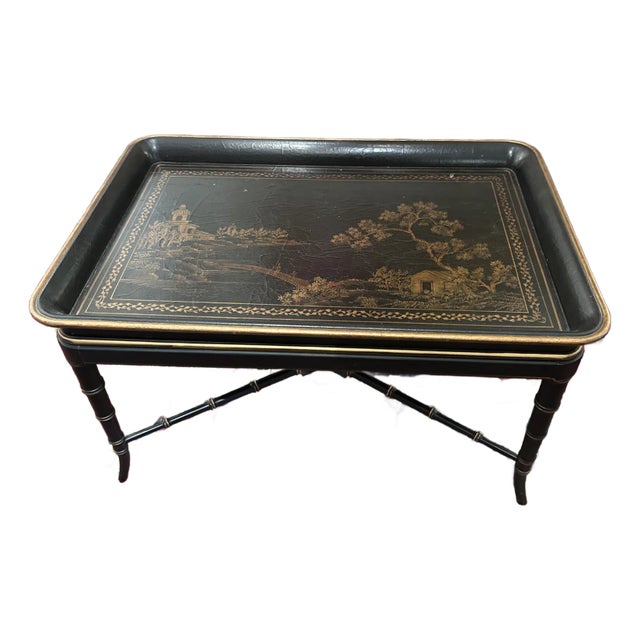 Black & Gold Chinoiserie Style Tray Coffee Table For Sale