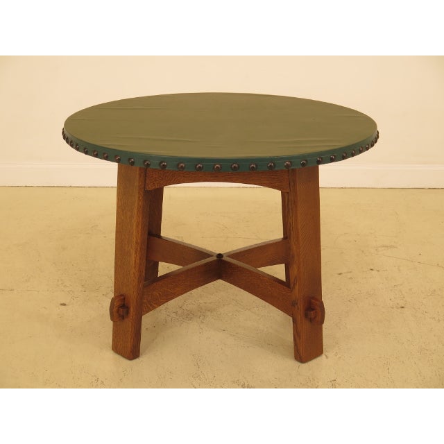 Stickley Round Mission Oak Leather Top Dining Room Table Chairish