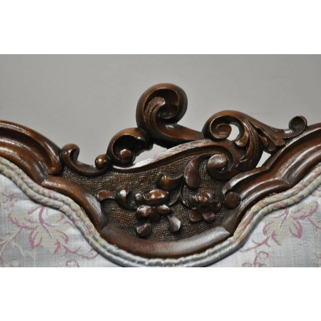 Early 20th Century Victorian Floral Scrollwork Carved Mahogany Parlor Slipper Side Chairs - A Pair For Sale - Image 11 of 11