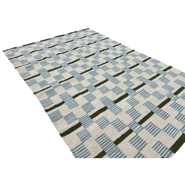 Handmade Woolen Flat Weave Rug, Cream, Sky Blue and Sage Green Striped Wool Rug - 6'x9' For Sale - Image 9 of 10