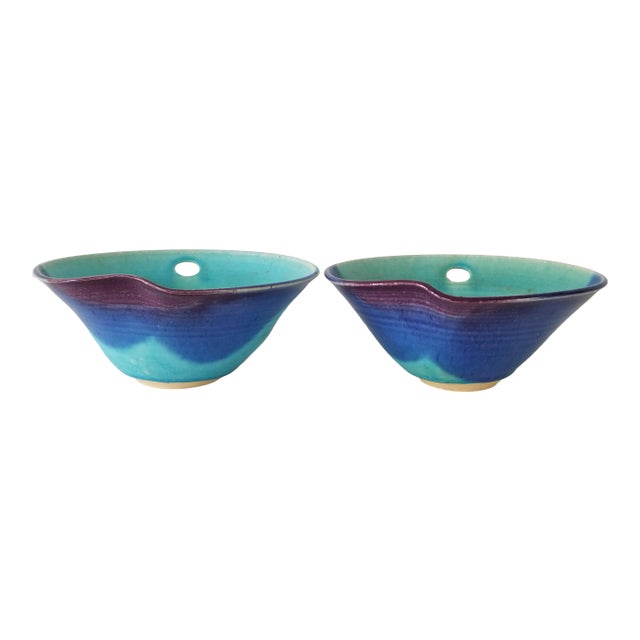 Vintage Purple and Blue Turquoise Glazed Pottery Bowls - a Pair For Sale