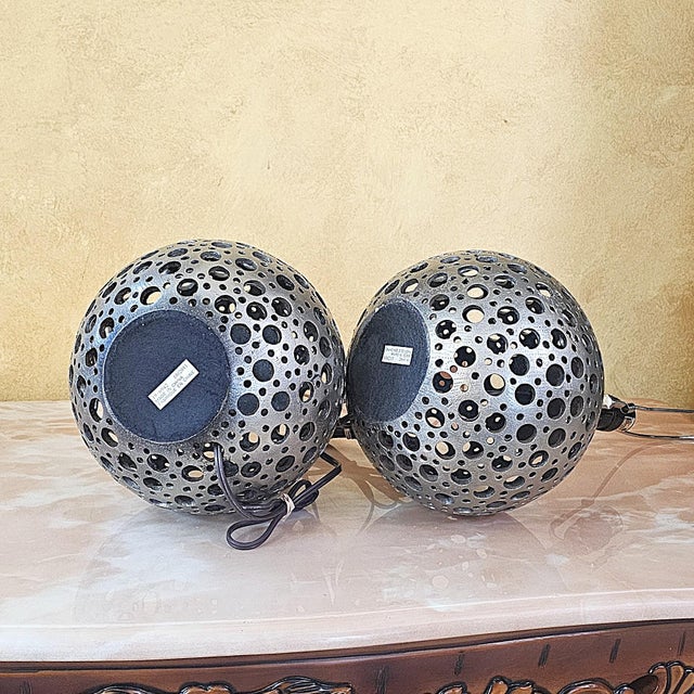 Pair of Pierced Pewter Globe Table Lamps With Shades For Sale - Image 15 of 18