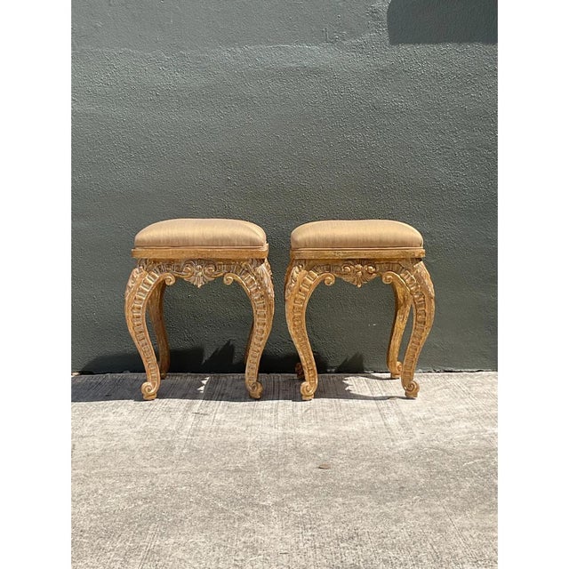 Khaki Vintage Casa D’Arte Paoletti Carved Wood Low Stools For Sale - Image 8 of 12