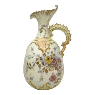 Antique Hand Painted Porcelain Ewer Pitcher Vase Floral Rose Gilt Accent 9.5” For Sale