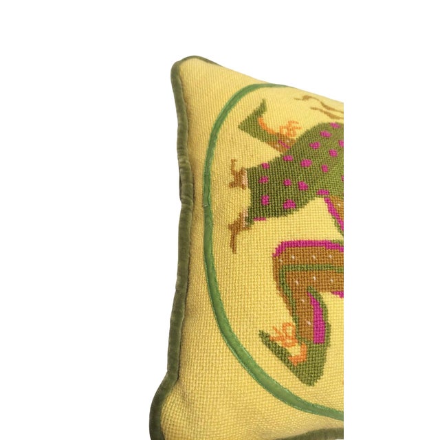 Vintage Handmade Needlepoint Pillow in Yellow with Victorian Green Jesters For Sale - Image 4 of 9