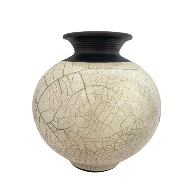 Vintage Studio Pottery Raku Vase Signed Crackle Glaze Black White 9” For Sale - Image 4 of 7