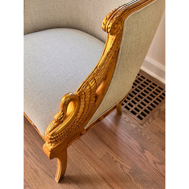 French Pair of Mid 20th Century French Empire Style Barrel-Back Carved and Gilt Chairs For Sale - Image 3 of 10