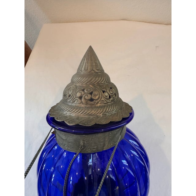 Late 20th Century Large Vintage Cobalt Blue Hanging Decorative Glass Ornament With Ornate Pierced Metalwork For Sale - Image 5 of 7