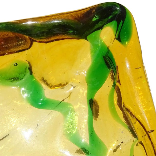 Murano Salviati Gaspari Murano Vintage Golden Amber Green Swirl Italian Art Glass Landscape Design Bowl Ashtray For Sale - Image 4 of 6