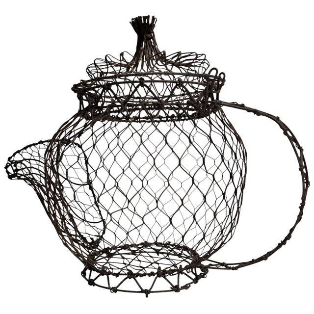 Shabby Chic Vintage Folk Art Teapot Egg Basket For Sale - Image 3 of 5