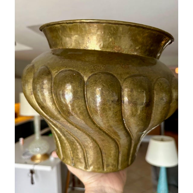 Brass Italian Hammered Brass Scalloped Jardinière Planter For Sale - Image 8 of 15