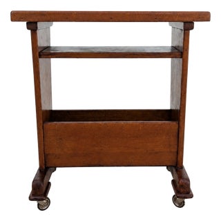 Serving Trolley in Oak Wood with Black Tile Top and Wheels, 1950s For Sale
