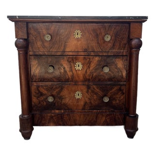 French 19th Century Empire Burl Walnut Marble Top Chest of Drawers For Sale