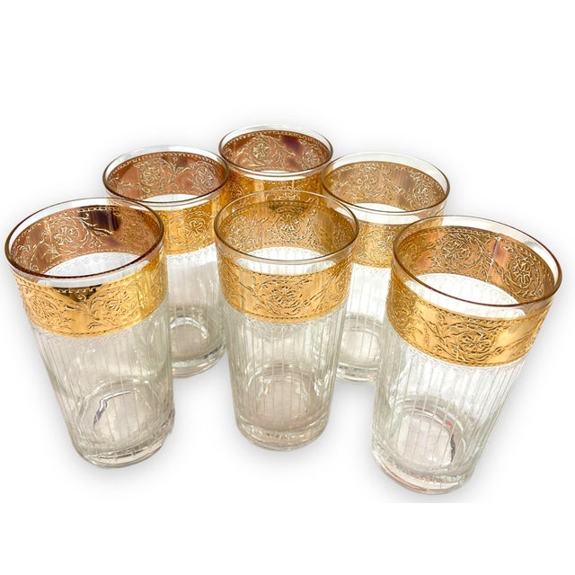 Morphew Abode 1960s Art Deco 22k Gold Detailed Glassware Set in Whimsical Caddy With Ice Bucket & Tongs- 8 Pieces For Sale - Image 4 of 11
