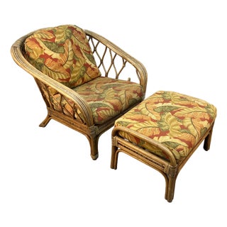 Vintage Ficks Reed Style Rattan Lounge Chair and Ottoman For Sale