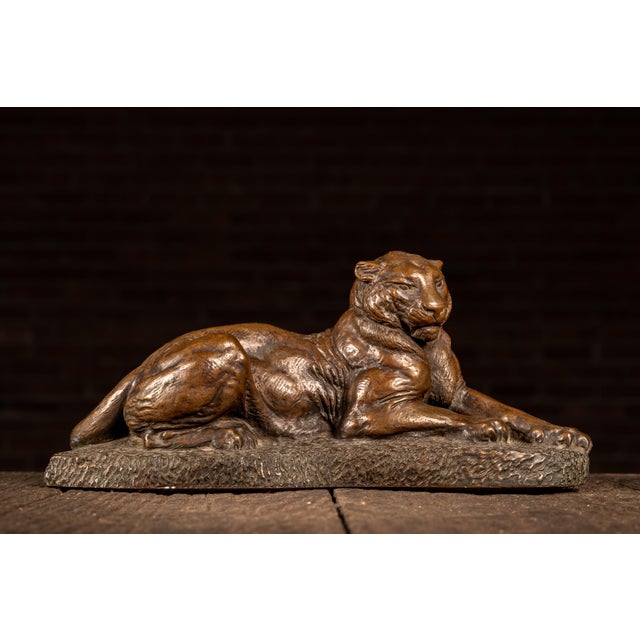 American Vintage j.l. Boulton Bronze-Clad Reclining Tiger Sculpture For Sale - Image 3 of 6