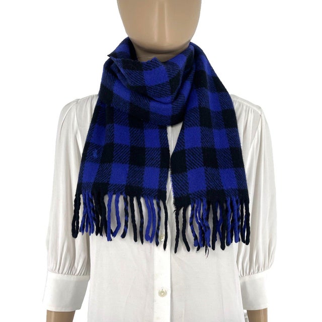 Polo Ralph Lauren Navy Blue Plaid 100% Wool Scarf