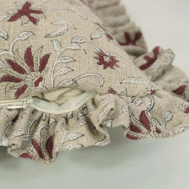 Fabdivine Eco-Friendly Block Printed Frill Cover Cover 14x14 Inch Thick Linen- Aradhana For Sale - Image 4 of 5