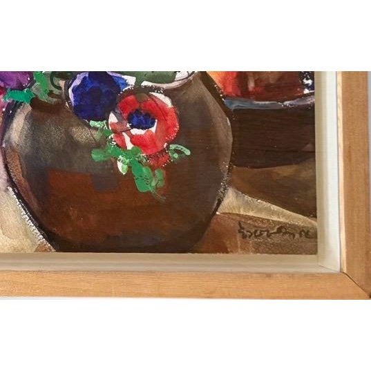 Modernist Floral Still Life Watercolor Anemones and Apples by Evangeline Smedley in Custom Shadow Box Frame 1986 This...