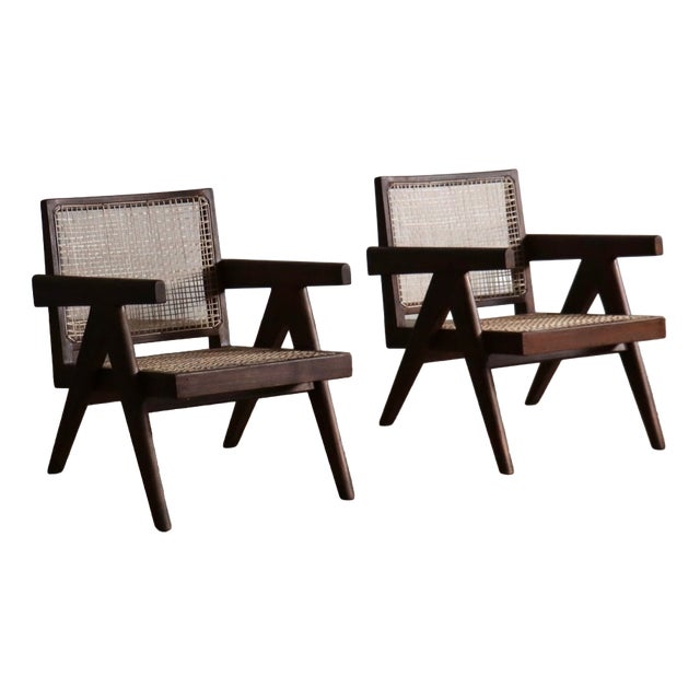 Lounge Chairs PJ-SI-29-A in Teak and Cane by Pierre Jeanneret, 1950s Set of 2 For Sale