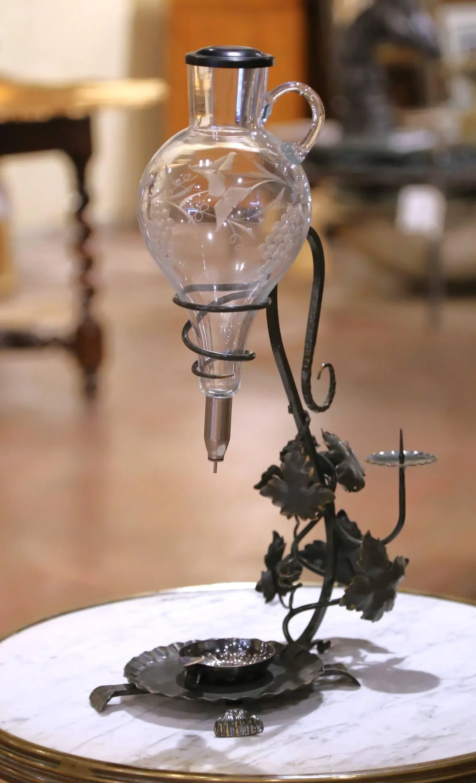 Mid-Century French Iron and Glass Wine Decanter Dispenser With