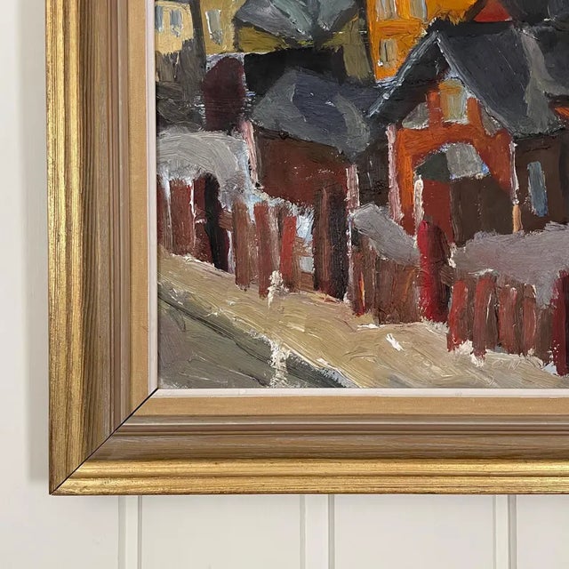 1950s Mid-Century Swedish Modernist Winter Townscape Oil Painting "Odenslund" by Bo Olsson Perman For Sale - Image 6 of 14
