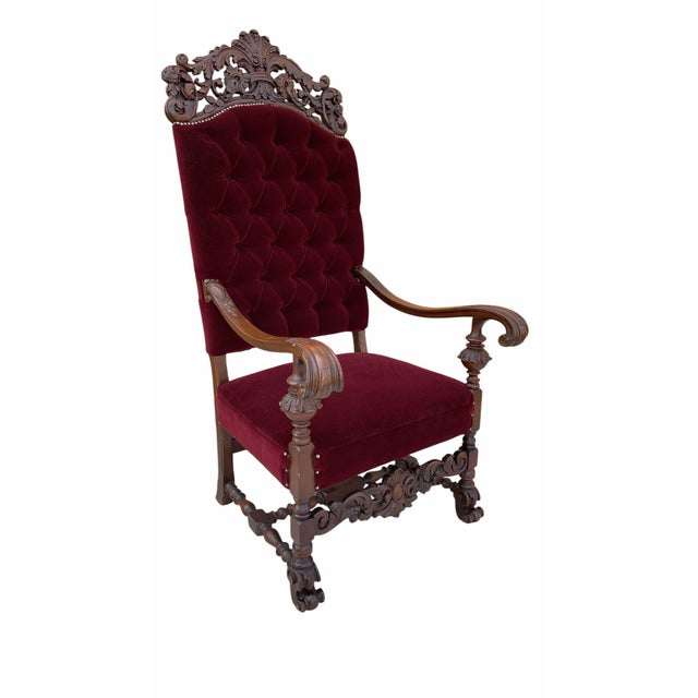 Wood Antique French Regency Style Ornate Caved Walnut Throne Chairs Newly Reupholstered in a Burgundy Mohair - Pair For Sale - Image 7 of 7