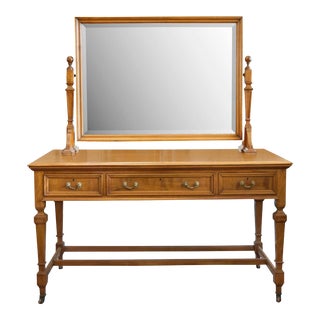 1900's English Beechwood Vanity/Dressing Table With Bevel Glass Mirror For Sale