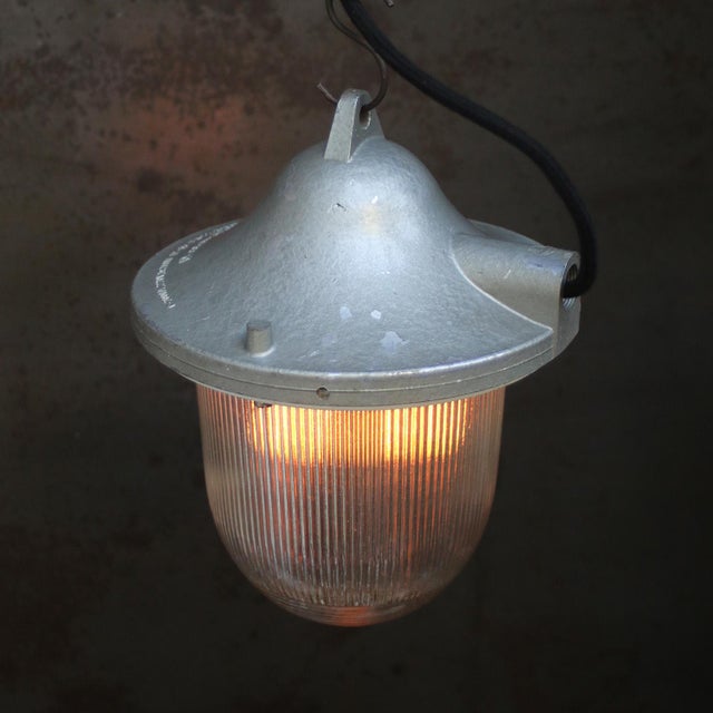 Vintage Industrial Grey Metal Holophane Glass Pendant Lamp For Sale - Image 4 of 7