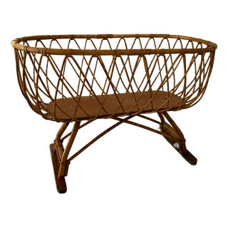Vintage Rattan Wicker Baby Bassinet on Stand, Europe, 1970s For Sale