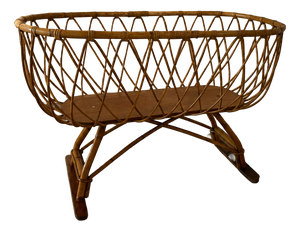 Vintage Rattan Wicker Baby Bassinet on Stand, Europe, 1970s