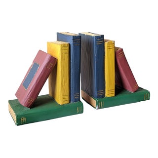 Vintage Trompe L’oeil Hardback Book Bookends- a Pair For Sale