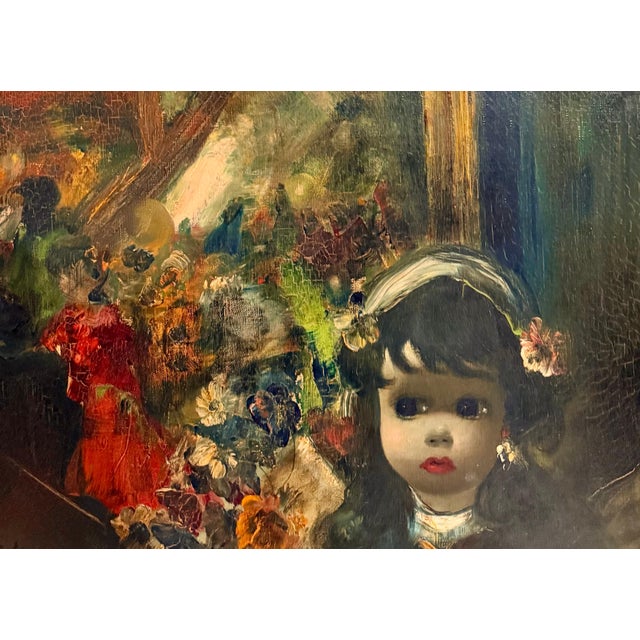 Black Jean Calogero, Mod Italian Surrealist Oil Painting Jean Calogero Big Eyed Girl, Victorian Party For Sale - Image 8 of 9