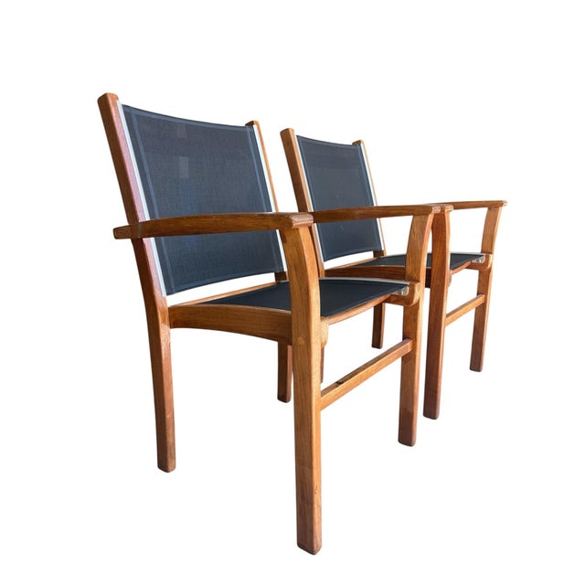 Contemporary Vintage Teak Sling Patio Lounge Chairs With Black Mesh – Robb & Stucky, A Pair For Sale - Image 3 of 14