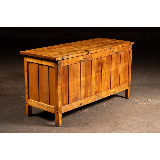 Early 20th Century Walnut Industrial Workbench With Swing-Out Stools For Sale - Image 4 of 18