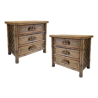 Vintage Coastal Rattan & Bamboo Nightstands - A Pair For Sale