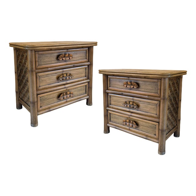 Vintage Coastal Rattan & Bamboo Nightstands - A Pair For Sale