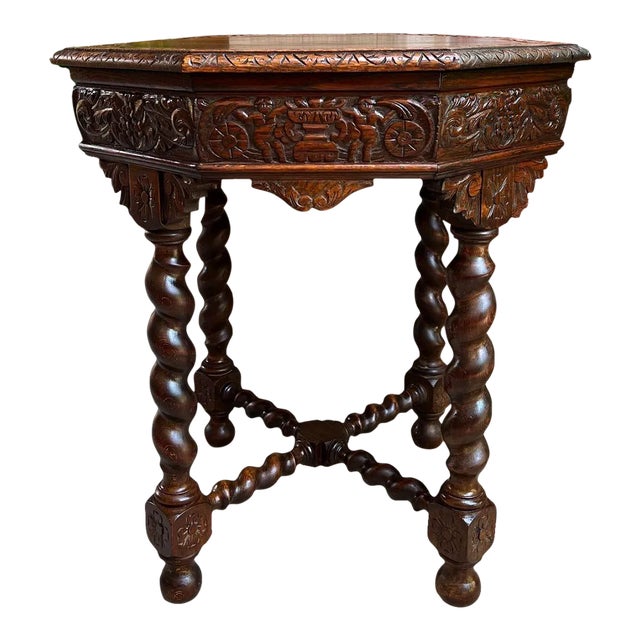 Antique French Octagon Sofa Table Carved Oak Barley Twist Louis XIII Renaissance For Sale