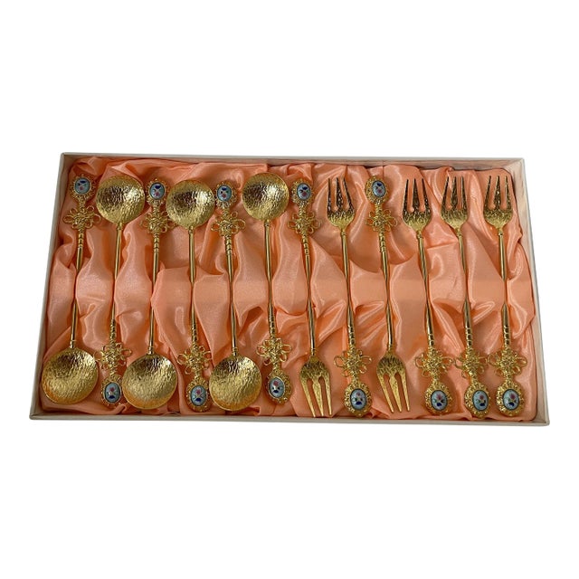 Vintage "Golden Bell Art Works" Gold Plated Hors D" Oeuvre Forks & Spoons with Case- 13 Pieces For Sale