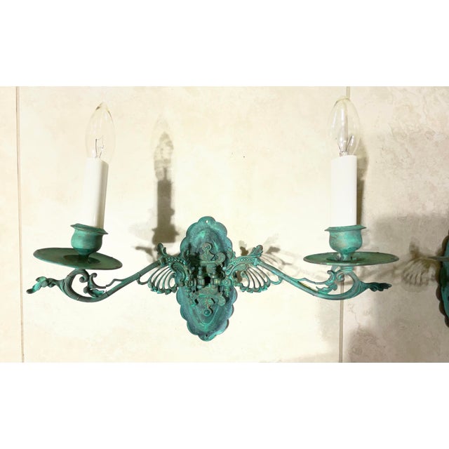 Pair of Antique French Style Verdigris Wall Sconces For Sale - Image 10 of 16