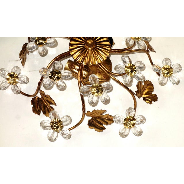 Italian Gold Leaf-Plated Metal and Crystal 2-Light Ceiling Light, 1960s For Sale - Image 4 of 7