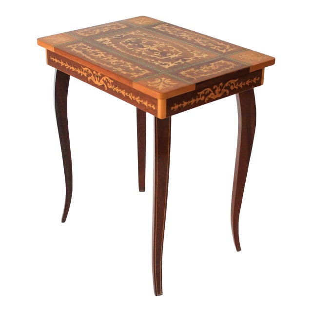 Vintage Italian Marquetry Musical Jewelry Box Side Table For Sale