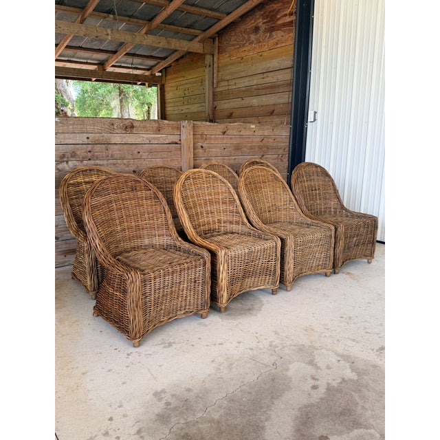 Coffee Set of 8 Organic Modern Rustic Coastal Braided Rattan Dining Chairs For Sale - Image 8 of 12