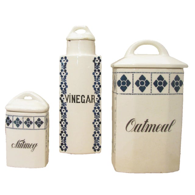 Ceramic German Art Deco Blue & White Ironstone Canisters, S/3 For Sale - Image 7 of 7