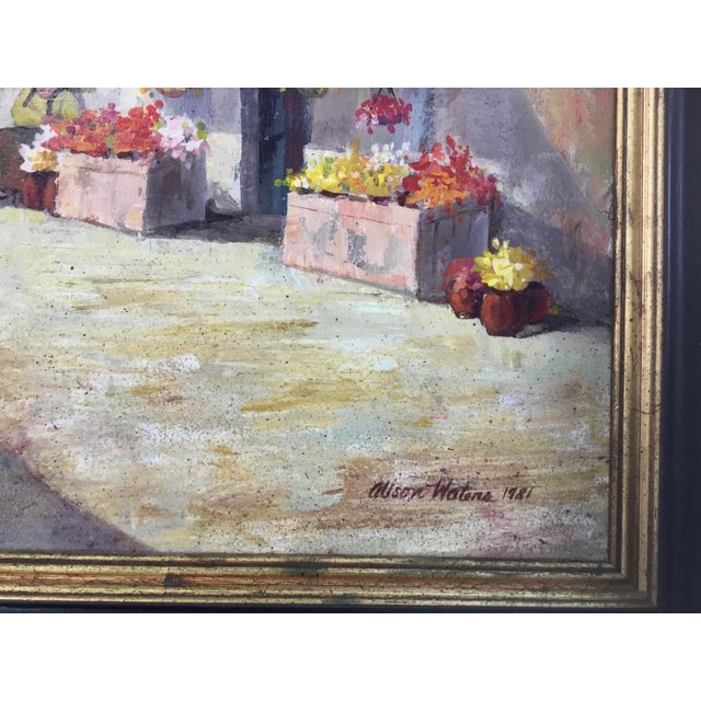 Brick Red 1980s “The Fruit Peddler”Acrylic Painting on Board by Alison Waters, Framed For Sale - Image 8 of 10