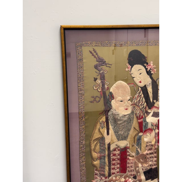 Shou Lao + Deer Silk Vintage Embroidery, Framed For Sale - Image 4 of 12