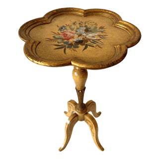 Vintage Florentine Hollywood Regency Gilt Wood Side Table with Hand-Painted Floral Motif, 1950s For Sale