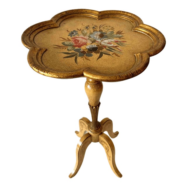 Vintage Florentine Hollywood Regency Gilt Wood Side Table with Hand-Painted Floral Motif, 1950s For Sale